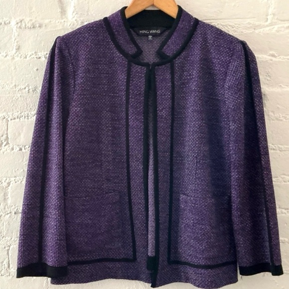 Ming Wang Tweed Open Front Cardigan Sweater Jacket Purple Size SP Black Trim - Picture 1 of 14